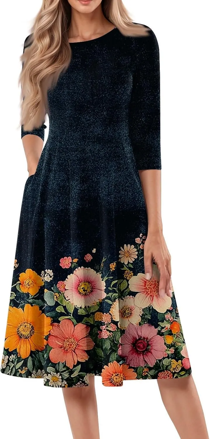 Dress for Women 3/4 Sleeve Spring Wrap Dress Empire Waist Floral Fitted Dresses Summer Cute Flowy Dresses with Pocket
