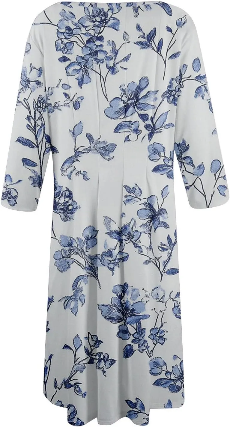 Dress for Women 3/4 Sleeve Spring Wrap Dress Empire Waist Floral Fitted Dresses Summer Cute Flowy Dresses with Pocket