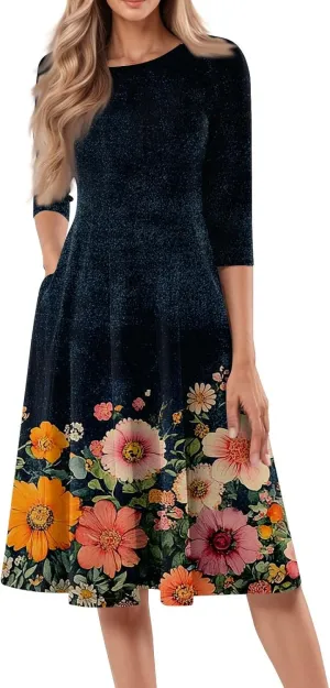 Dress for Women 3/4 Sleeve Spring Wrap Dress Empire Waist Floral Fitted Dresses Summer Cute Flowy Dresses with Pocket