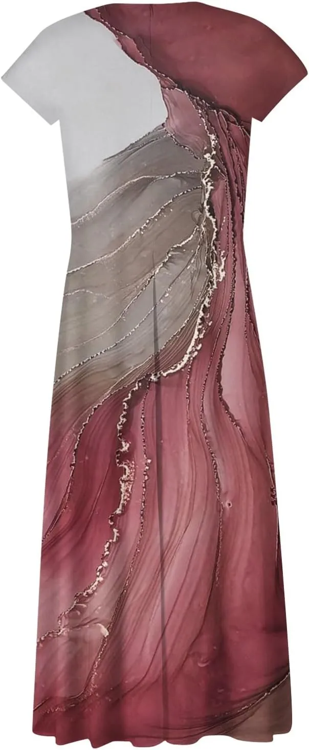 Dresses for Women 2024 Elegant Flowy Sundresses Wrap V Neck Floral Print Beach Dress Cap Sleeve Comfy Long Dresses
