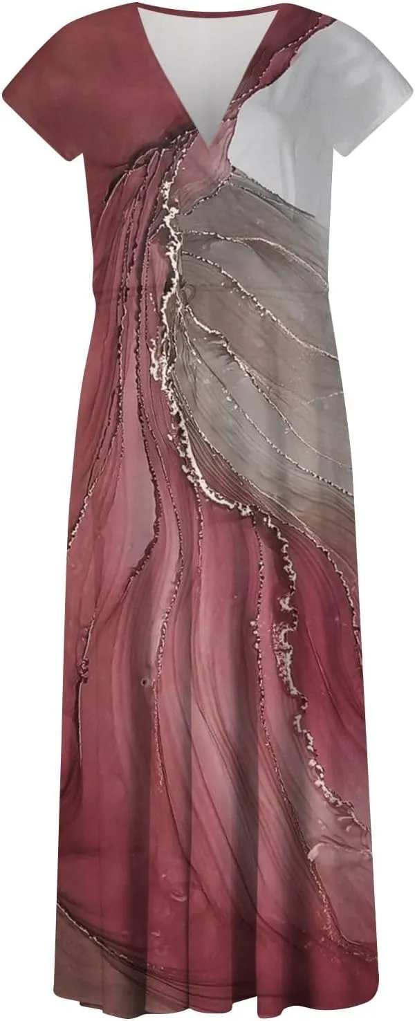 Dresses for Women 2024 Elegant Flowy Sundresses Wrap V Neck Floral Print Beach Dress Cap Sleeve Comfy Long Dresses