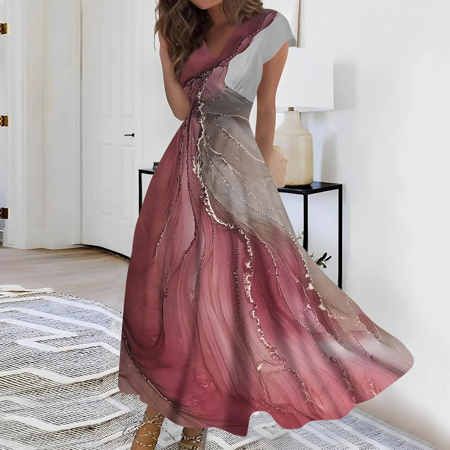 Dresses for Women 2024 Elegant Flowy Sundresses Wrap V Neck Floral Print Beach Dress Cap Sleeve Comfy Long Dresses