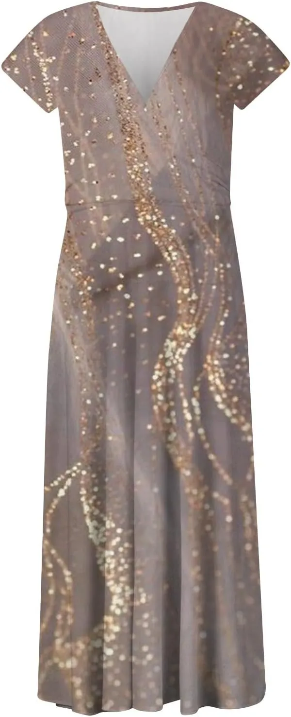 Dresses for Women 2024 Elegant Flowy Sundresses Wrap V Neck Floral Print Beach Dress Cap Sleeve Comfy Long Dresses