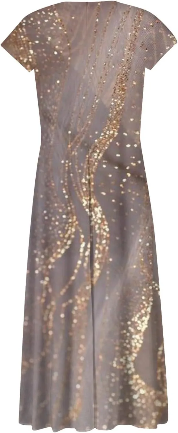 Dresses for Women 2024 Elegant Flowy Sundresses Wrap V Neck Floral Print Beach Dress Cap Sleeve Comfy Long Dresses
