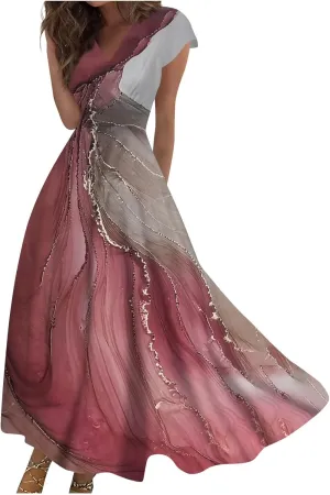 Dresses for Women 2024 Elegant Flowy Sundresses Wrap V Neck Floral Print Beach Dress Cap Sleeve Comfy Long Dresses