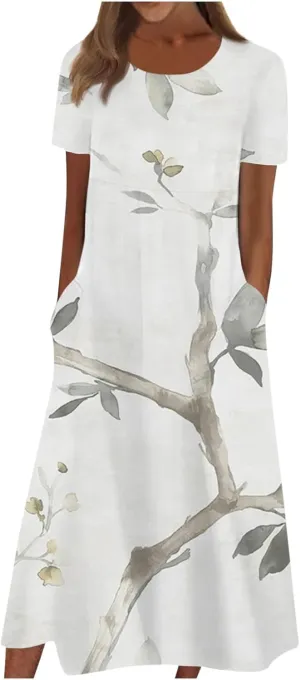 Dresses for Women 2024 Pleated Pocket Long Dresses Round Neck Printed Dresses Short Sleeve Comfy Maxi Dress