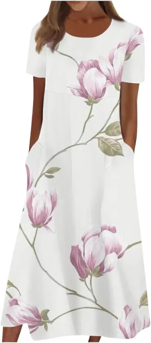Dresses for Women 2024 Pleated Pocket Long Dresses Round Neck Printed Dresses Short Sleeve Comfy Maxi Dress