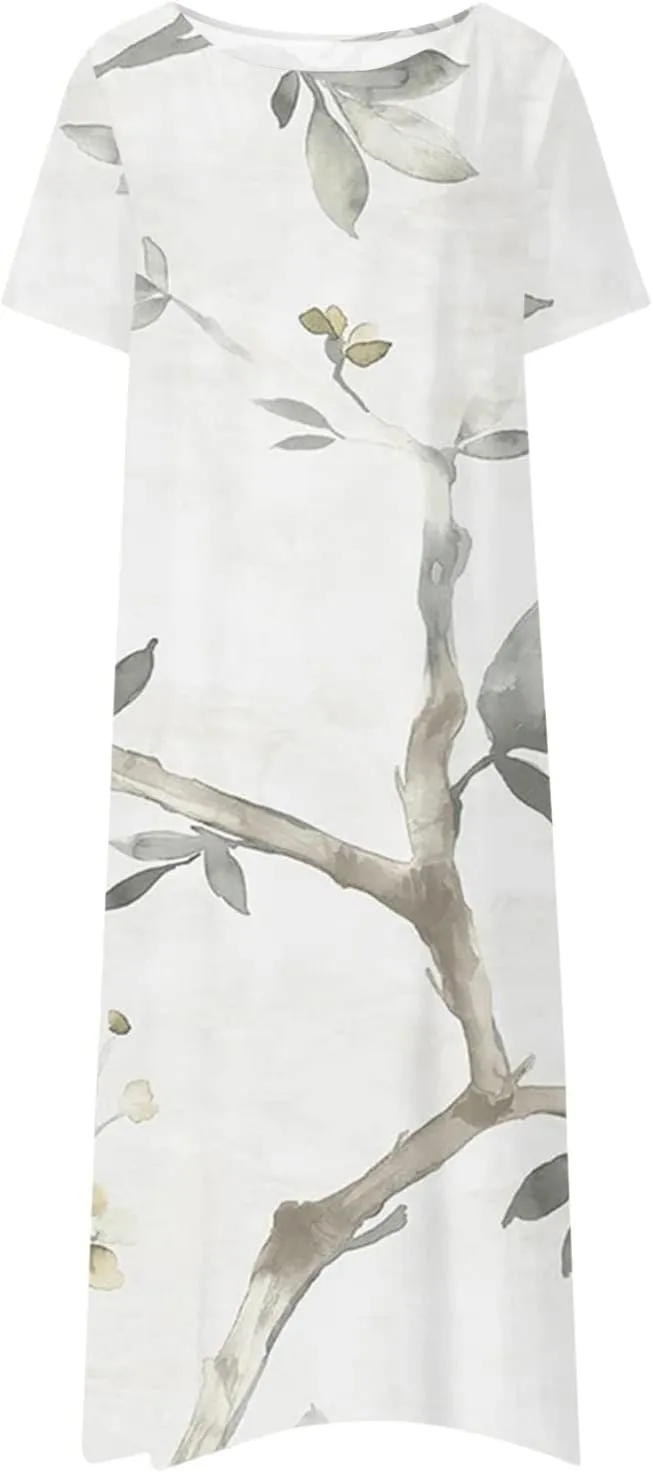 Dresses for Women 2024 Pleated Pocket Long Dresses Round Neck Printed Dresses Short Sleeve Comfy Maxi Dress