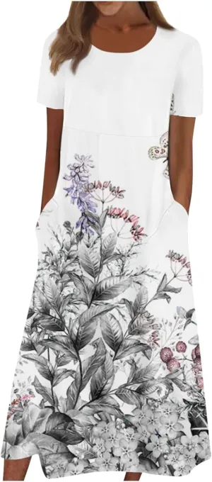 Dresses for Women 2024 Pleated Pocket Long Dresses Round Neck Printed Dresses Short Sleeve Comfy Maxi Dress
