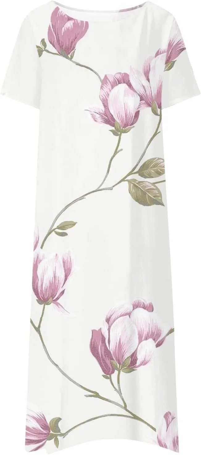 Dresses for Women 2024 Pleated Pocket Long Dresses Round Neck Printed Dresses Short Sleeve Comfy Maxi Dress