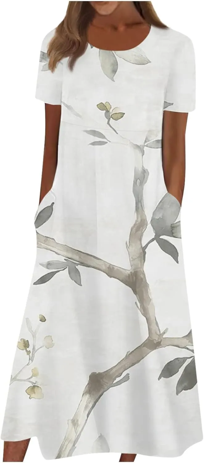 Dresses for Women 2024 Pleated Pocket Long Dresses Round Neck Printed Dresses Short Sleeve Comfy Maxi Dress