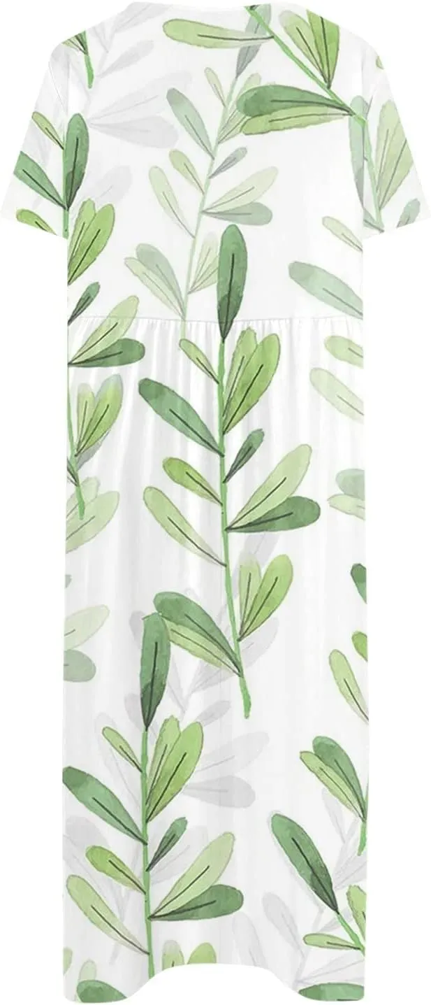 Dresses for Women 2024 Pleated Pocket Long Dresses Round Neck Printed Dresses Short Sleeve Comfy Maxi Dress