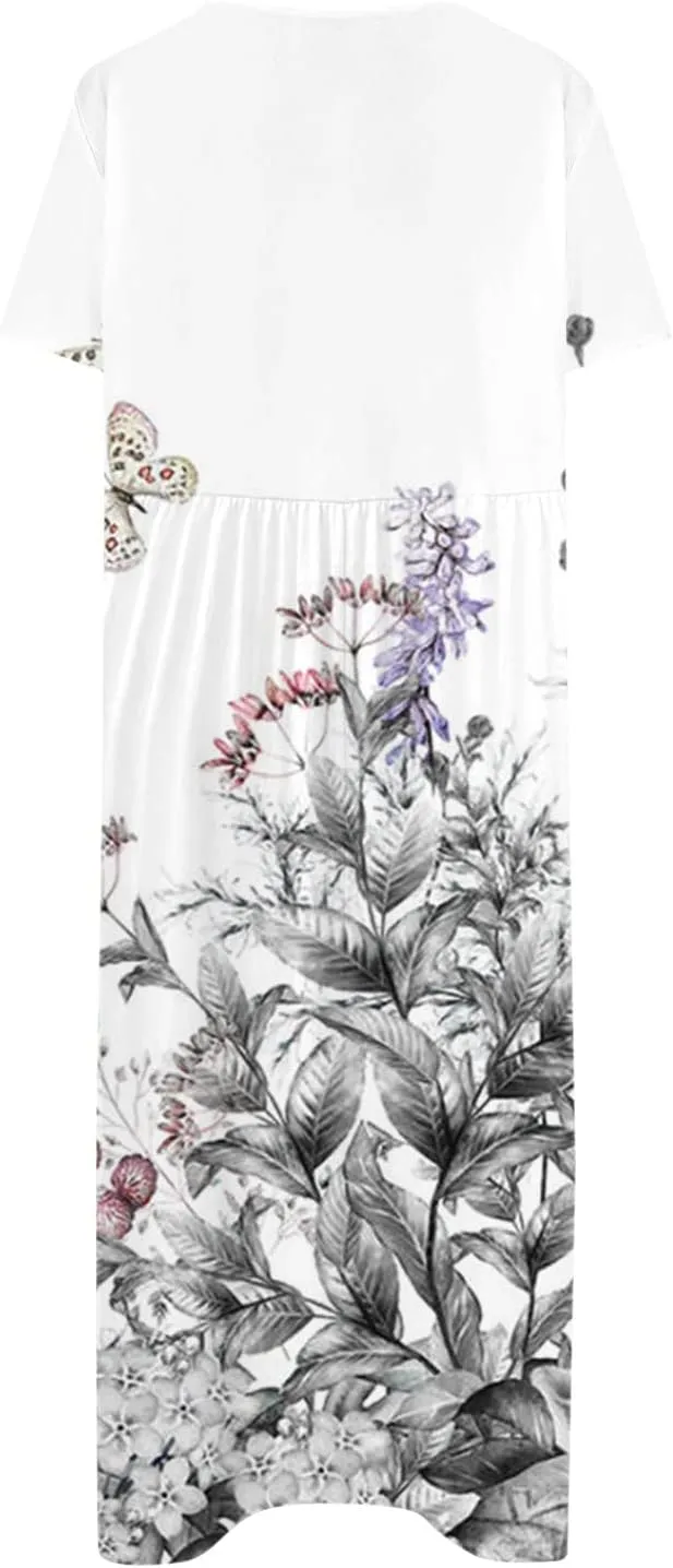 Dresses for Women 2024 Pleated Pocket Long Dresses Round Neck Printed Dresses Short Sleeve Comfy Maxi Dress
