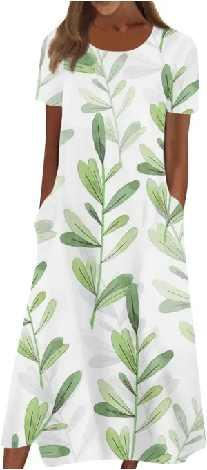Dresses for Women 2024 Pleated Pocket Long Dresses Round Neck Printed Dresses Short Sleeve Comfy Maxi Dress