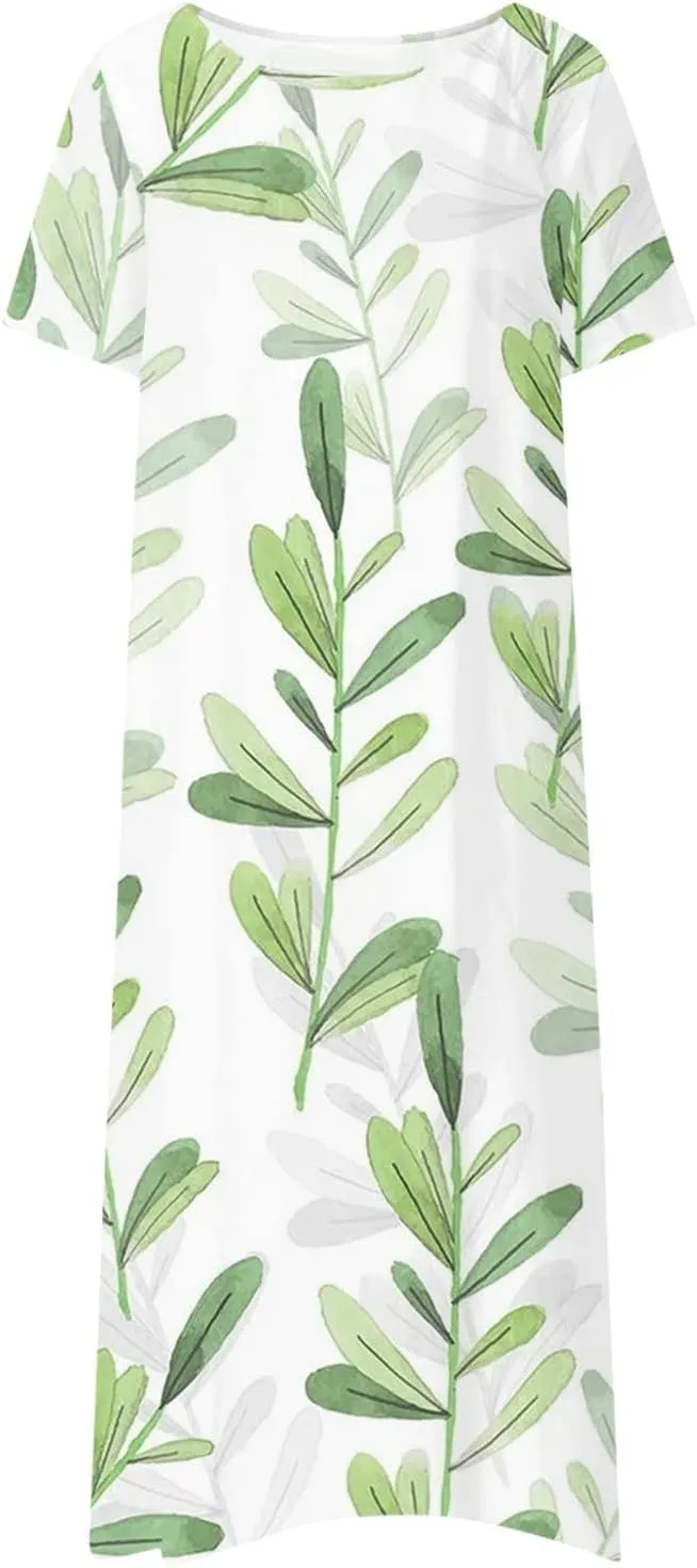 Dresses for Women 2024 Pleated Pocket Long Dresses Round Neck Printed Dresses Short Sleeve Comfy Maxi Dress