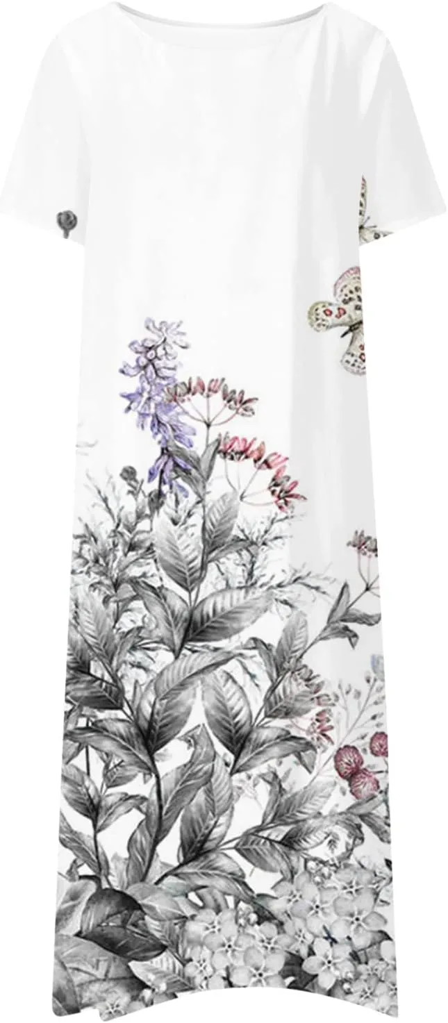 Dresses for Women 2024 Pleated Pocket Long Dresses Round Neck Printed Dresses Short Sleeve Comfy Maxi Dress