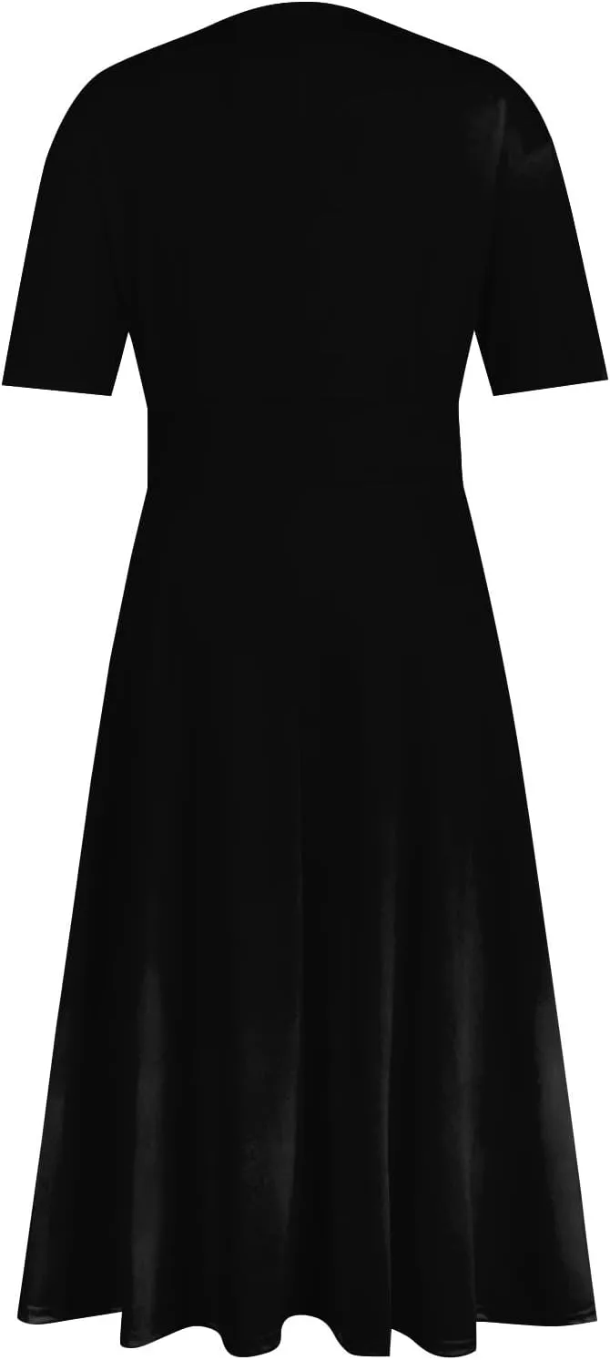Dresses for Women 2024 Printing Short Sleeve Maxi Dresses A-Line Swing Dress Waist V Neck Comfy Beach Dress