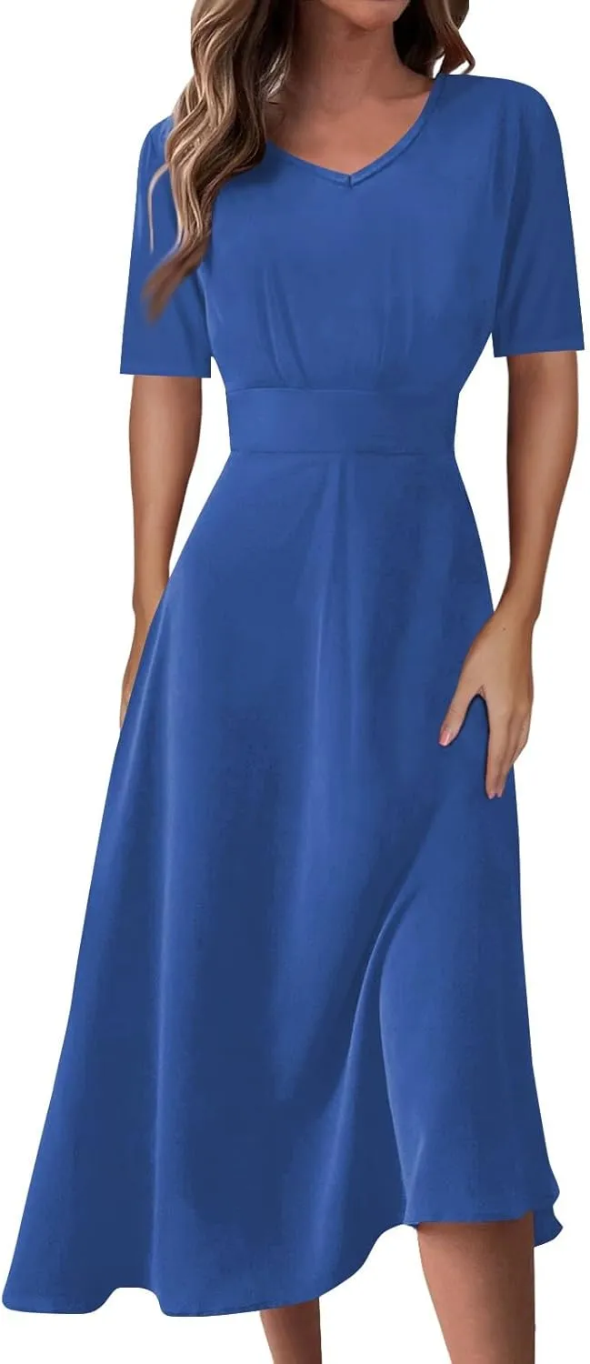 Dresses for Women 2024 Printing Short Sleeve Maxi Dresses A-Line Swing Dress Waist V Neck Comfy Beach Dress