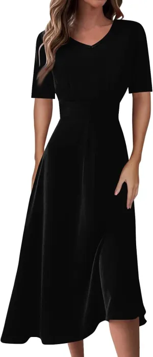 Dresses for Women 2024 Printing Short Sleeve Maxi Dresses A-Line Swing Dress Waist V Neck Comfy Beach Dress
