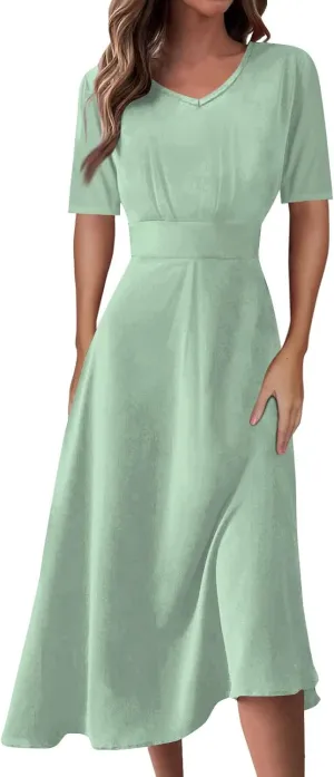 Dresses for Women 2024 Printing Short Sleeve Maxi Dresses A-Line Swing Dress Waist V Neck Comfy Beach Dress