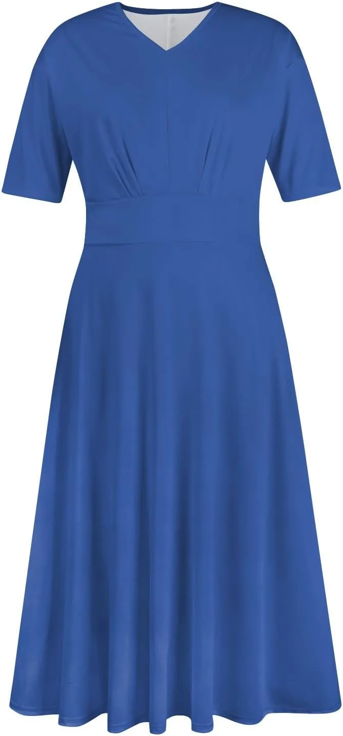 Dresses for Women 2024 Printing Short Sleeve Maxi Dresses A-Line Swing Dress Waist V Neck Comfy Beach Dress