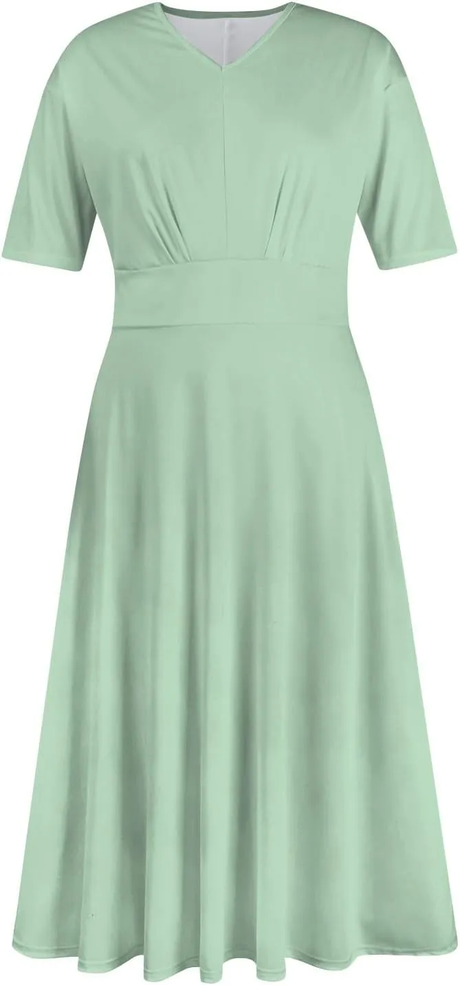Dresses for Women 2024 Printing Short Sleeve Maxi Dresses A-Line Swing Dress Waist V Neck Comfy Beach Dress
