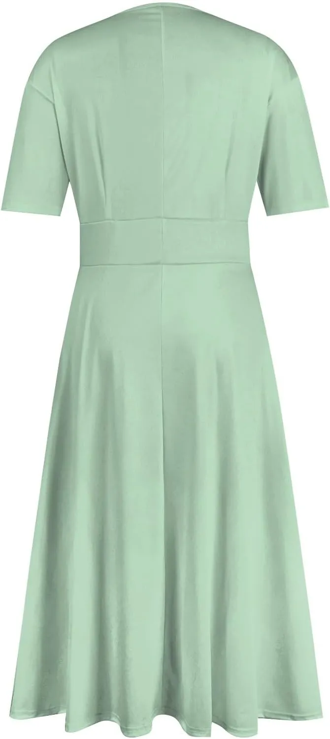 Dresses for Women 2024 Printing Short Sleeve Maxi Dresses A-Line Swing Dress Waist V Neck Comfy Beach Dress