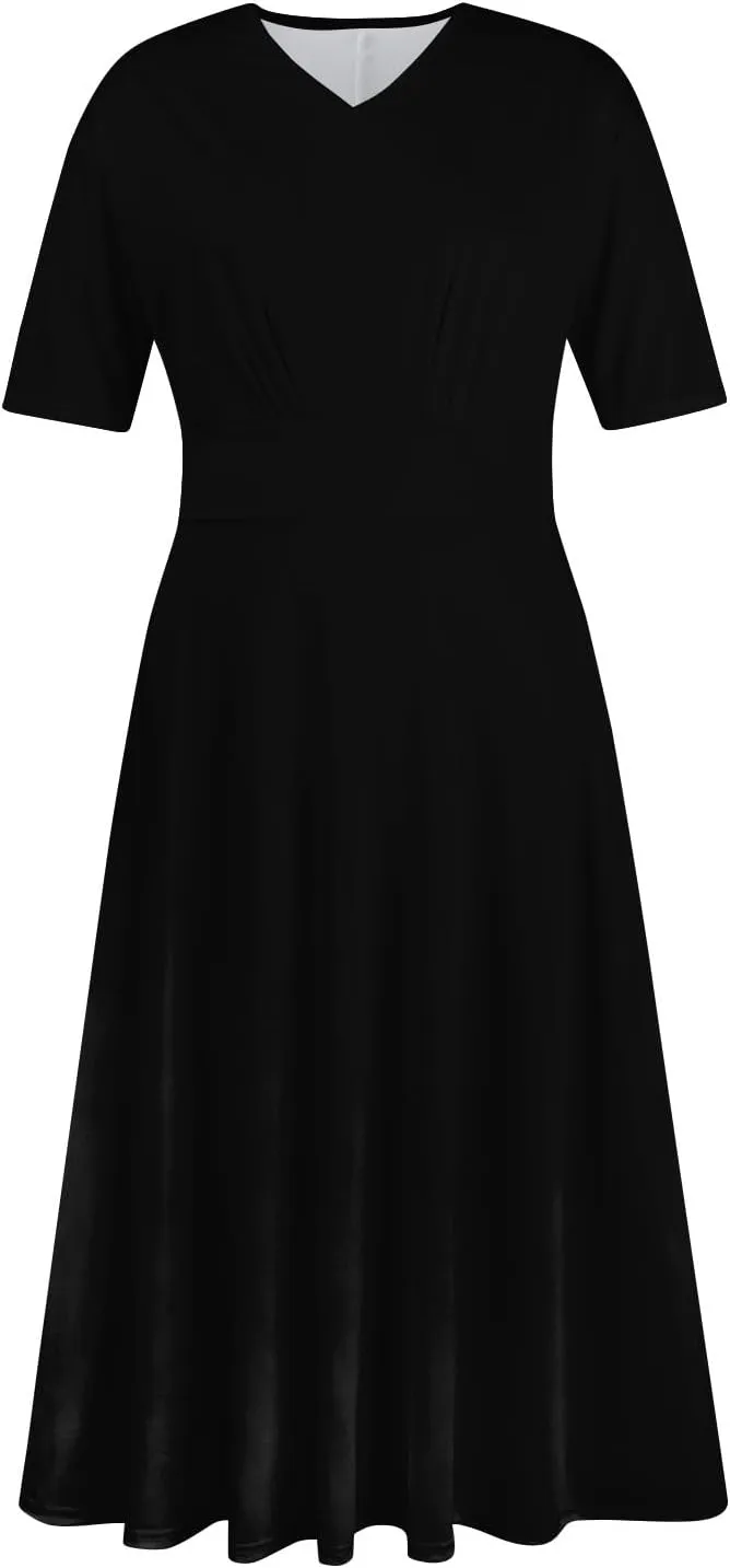 Dresses for Women 2024 Printing Short Sleeve Maxi Dresses A-Line Swing Dress Waist V Neck Comfy Beach Dress