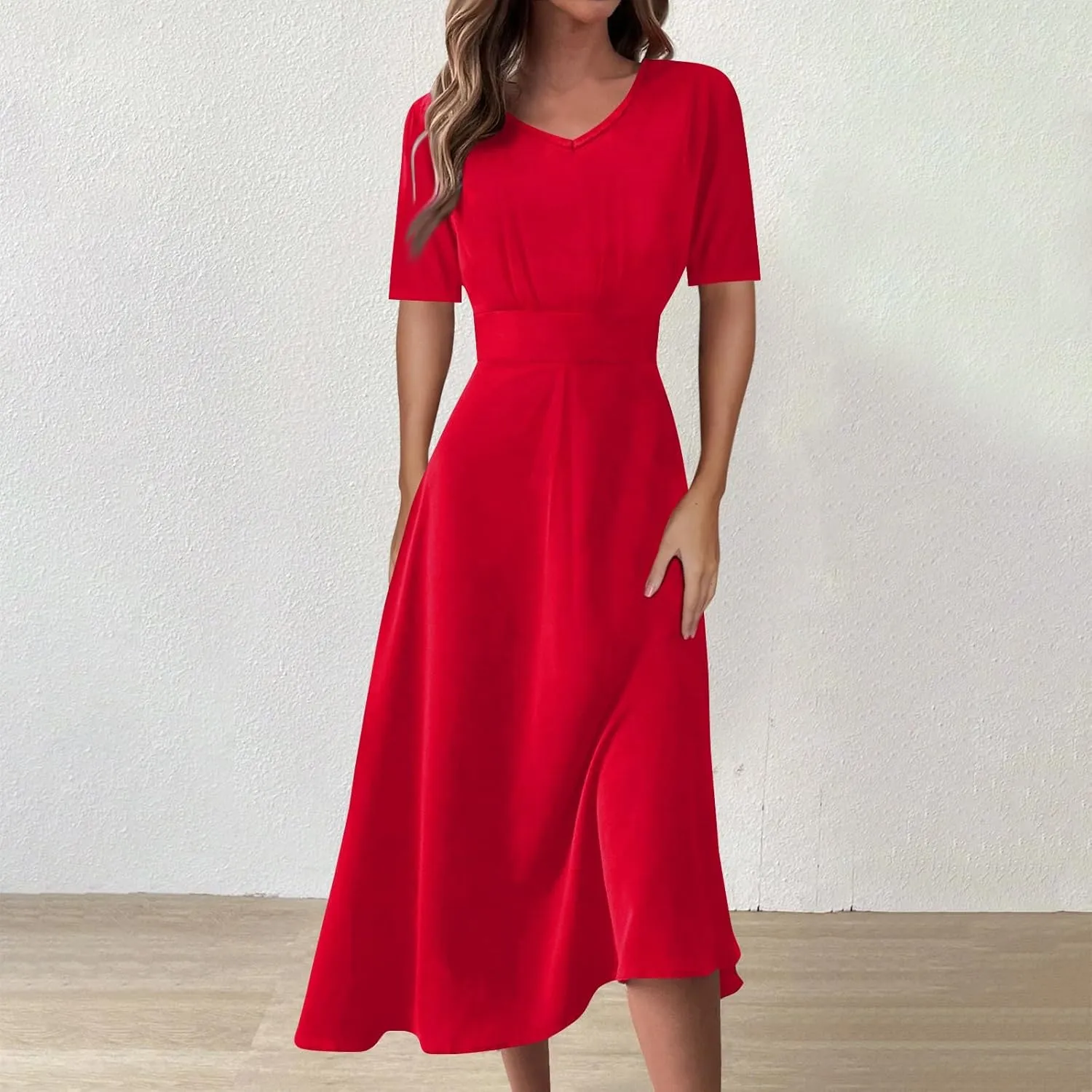 Dresses for Women 2024 Printing Short Sleeve Maxi Dresses A-Line Swing Dress Waist V Neck Comfy Beach Dress