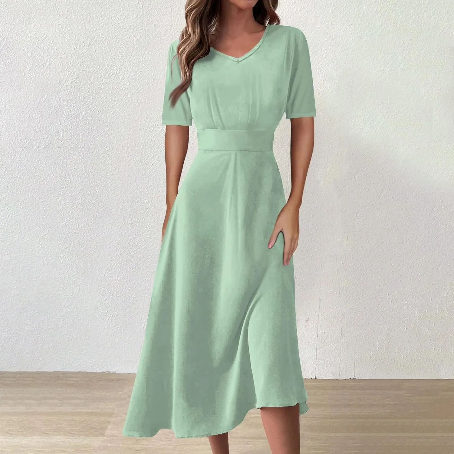 Dresses for Women 2024 Printing Short Sleeve Maxi Dresses A-Line Swing Dress Waist V Neck Comfy Beach Dress