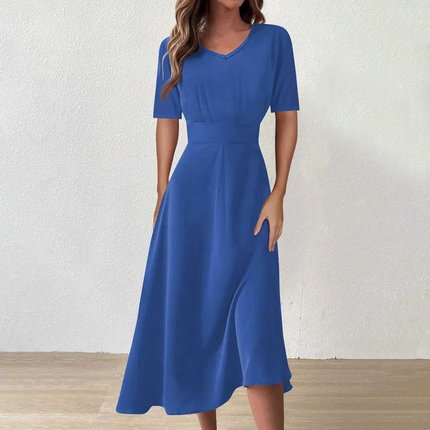 Dresses for Women 2024 Printing Short Sleeve Maxi Dresses A-Line Swing Dress Waist V Neck Comfy Beach Dress