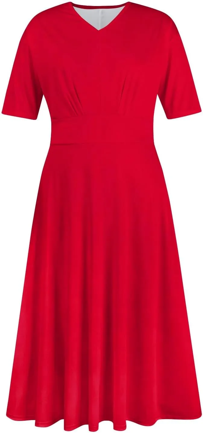 Dresses for Women 2024 Printing Short Sleeve Maxi Dresses A-Line Swing Dress Waist V Neck Comfy Beach Dress
