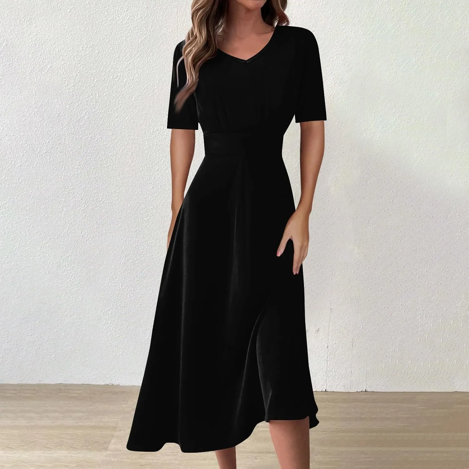 Dresses for Women 2024 Printing Short Sleeve Maxi Dresses A-Line Swing Dress Waist V Neck Comfy Beach Dress