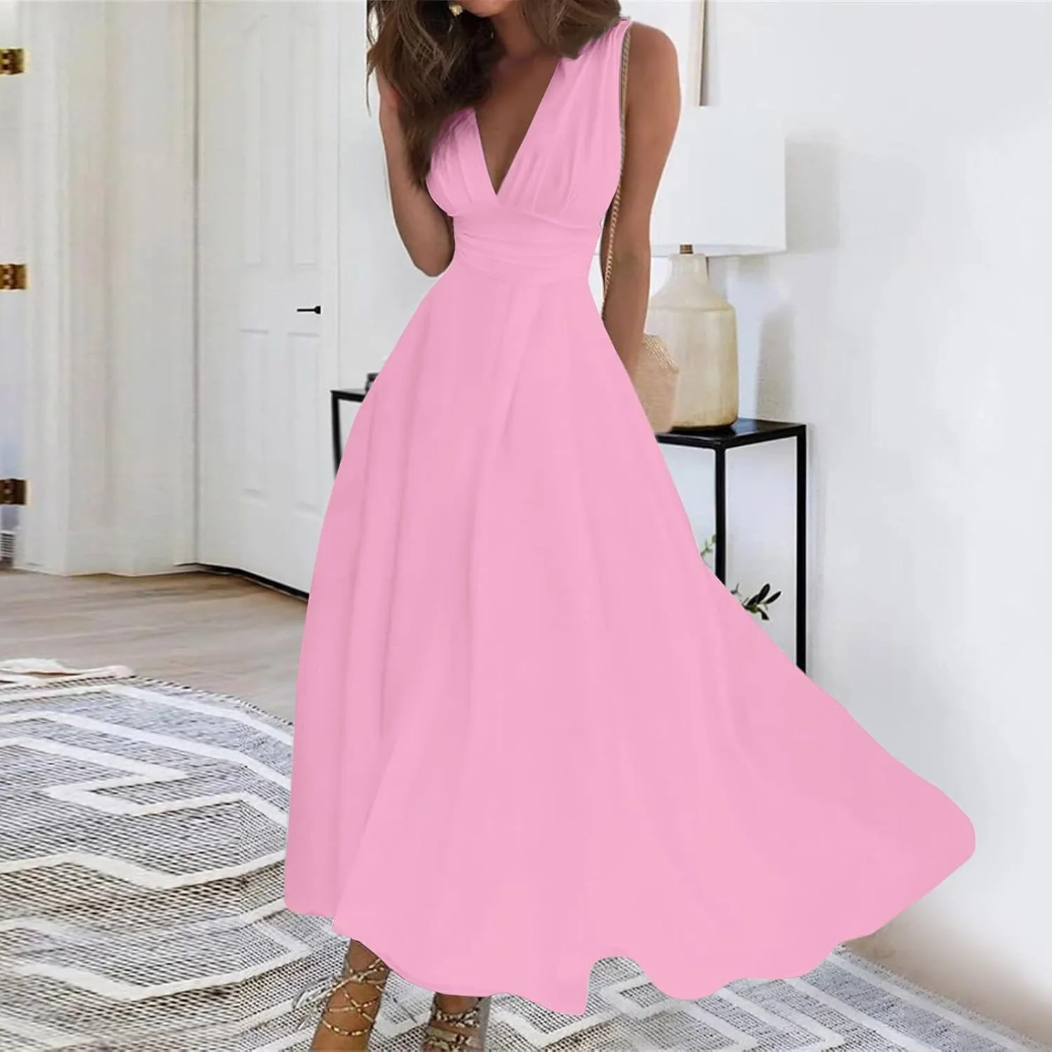 Dresses for Women 2025 Flowy Ruched Sleeveless Beach Dresses Wrap V Neck Floral Printed Maxi Dress Boho Sundresses