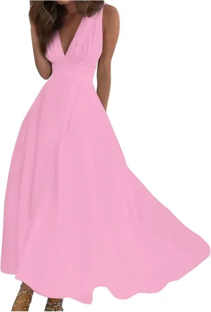 Dresses for Women 2025 Flowy Ruched Sleeveless Beach Dresses Wrap V Neck Floral Printed Maxi Dress Boho Sundresses