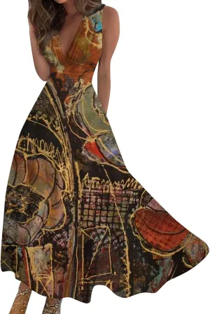 Dresses for Women 2025 Flowy Ruched Wrap V Neck Boho Sundresses Sleeveless Floral Printed Maxi Dress Beach Dresses
