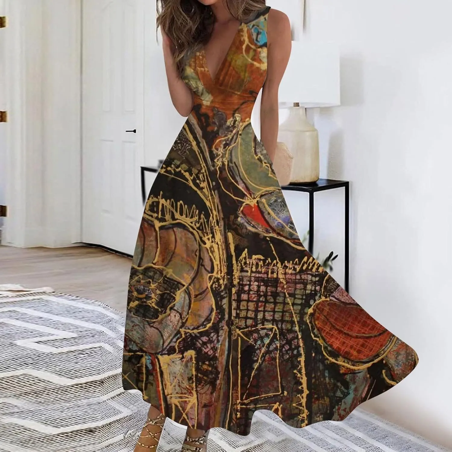 Dresses for Women 2025 Flowy Ruched Wrap V Neck Boho Sundresses Sleeveless Floral Printed Maxi Dress Beach Dresses