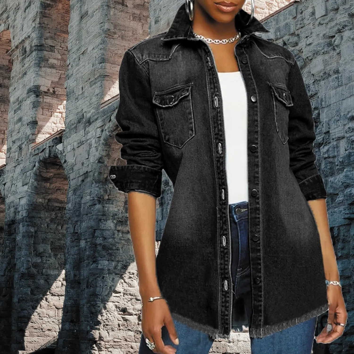 DvaeMalligo Women's Jean Jacket Distressed Button Down Long Sleeve Ripped Oversized Denim Trucker Jean Jackets