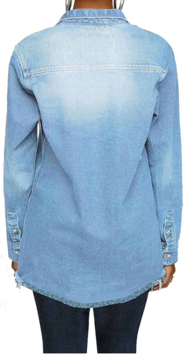 DvaeMalligo Women's Jean Jacket Distressed Button Down Long Sleeve Ripped Oversized Denim Trucker Jean Jackets