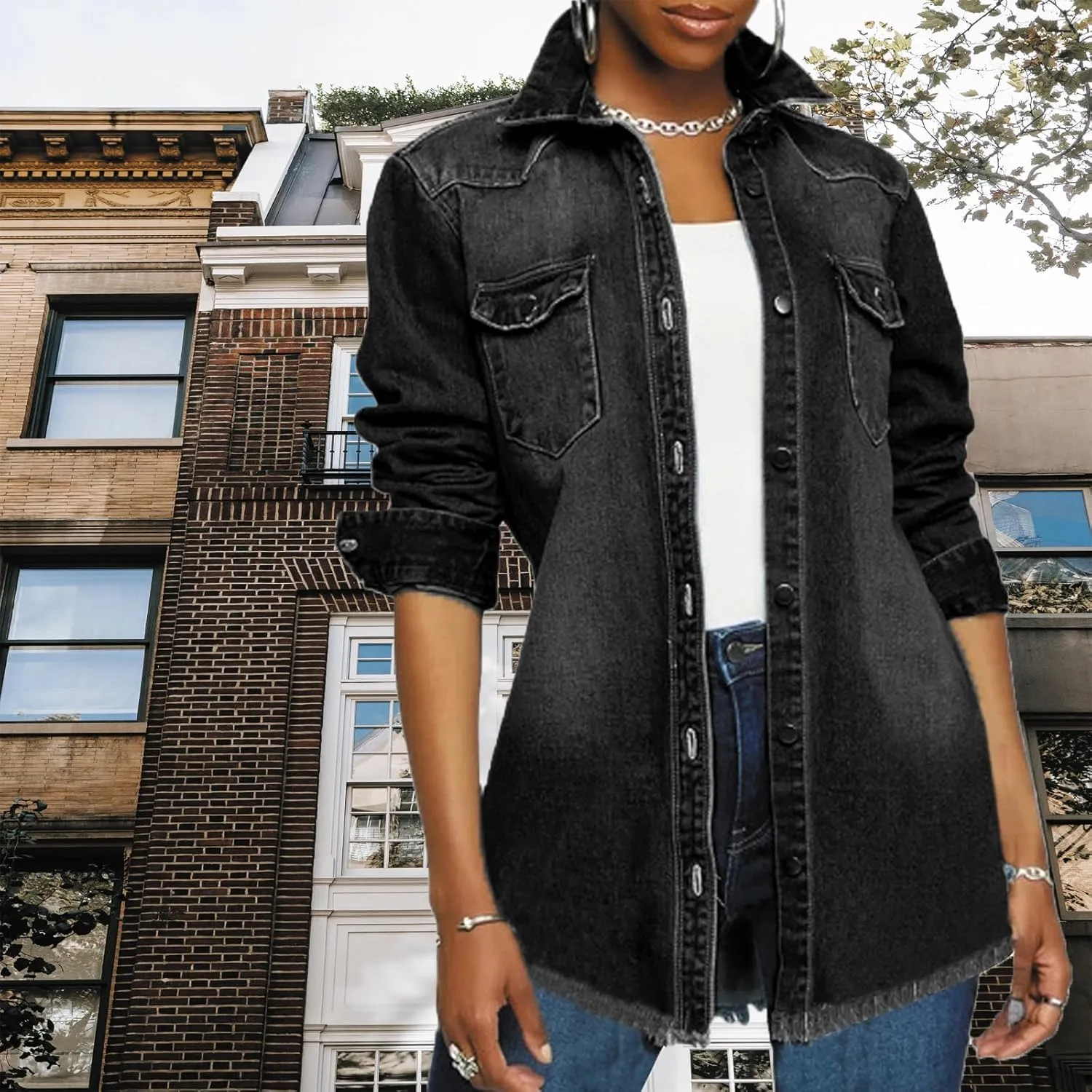 DvaeMalligo Women's Jean Jacket Distressed Button Down Long Sleeve Ripped Oversized Denim Trucker Jean Jackets