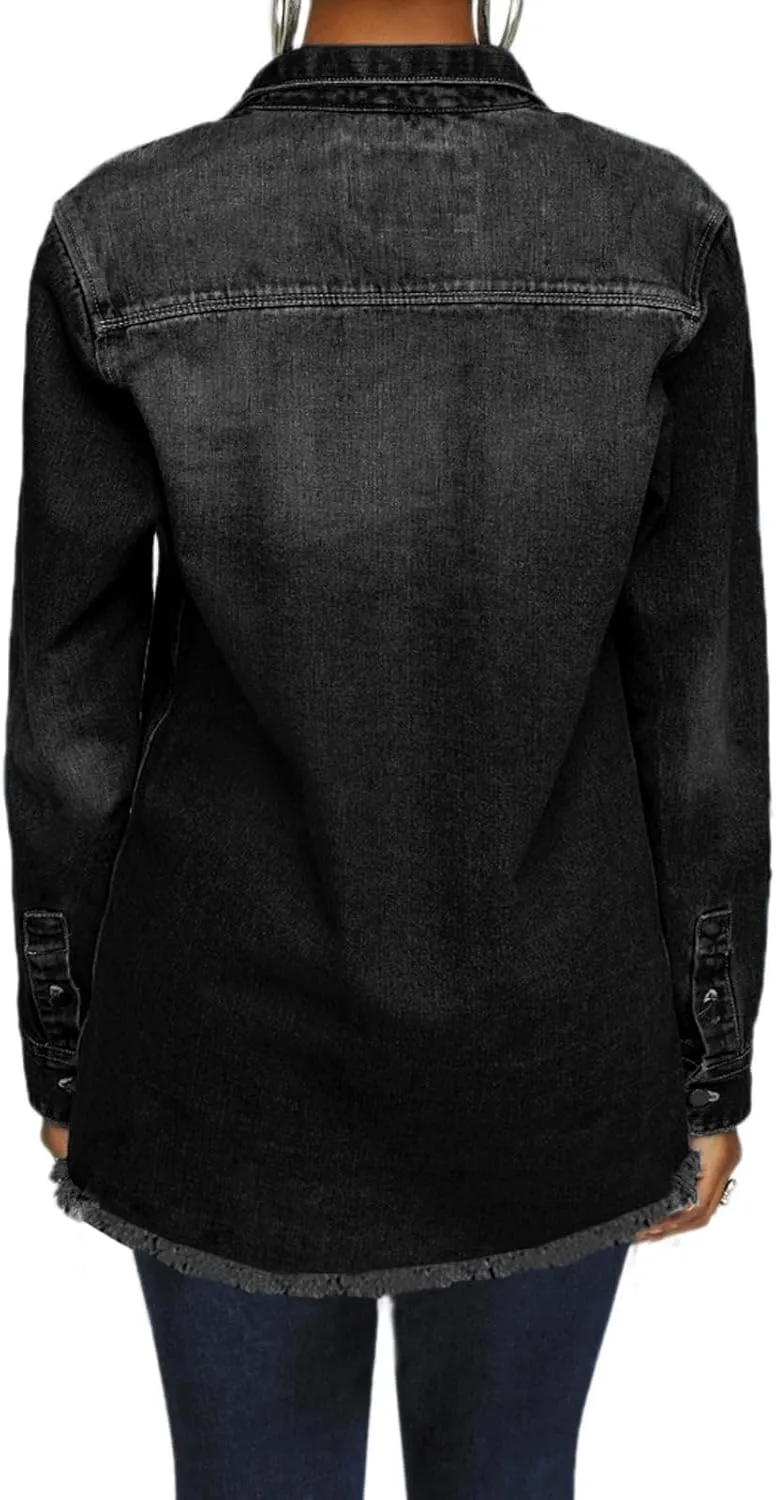 DvaeMalligo Women's Jean Jacket Distressed Button Down Long Sleeve Ripped Oversized Denim Trucker Jean Jackets