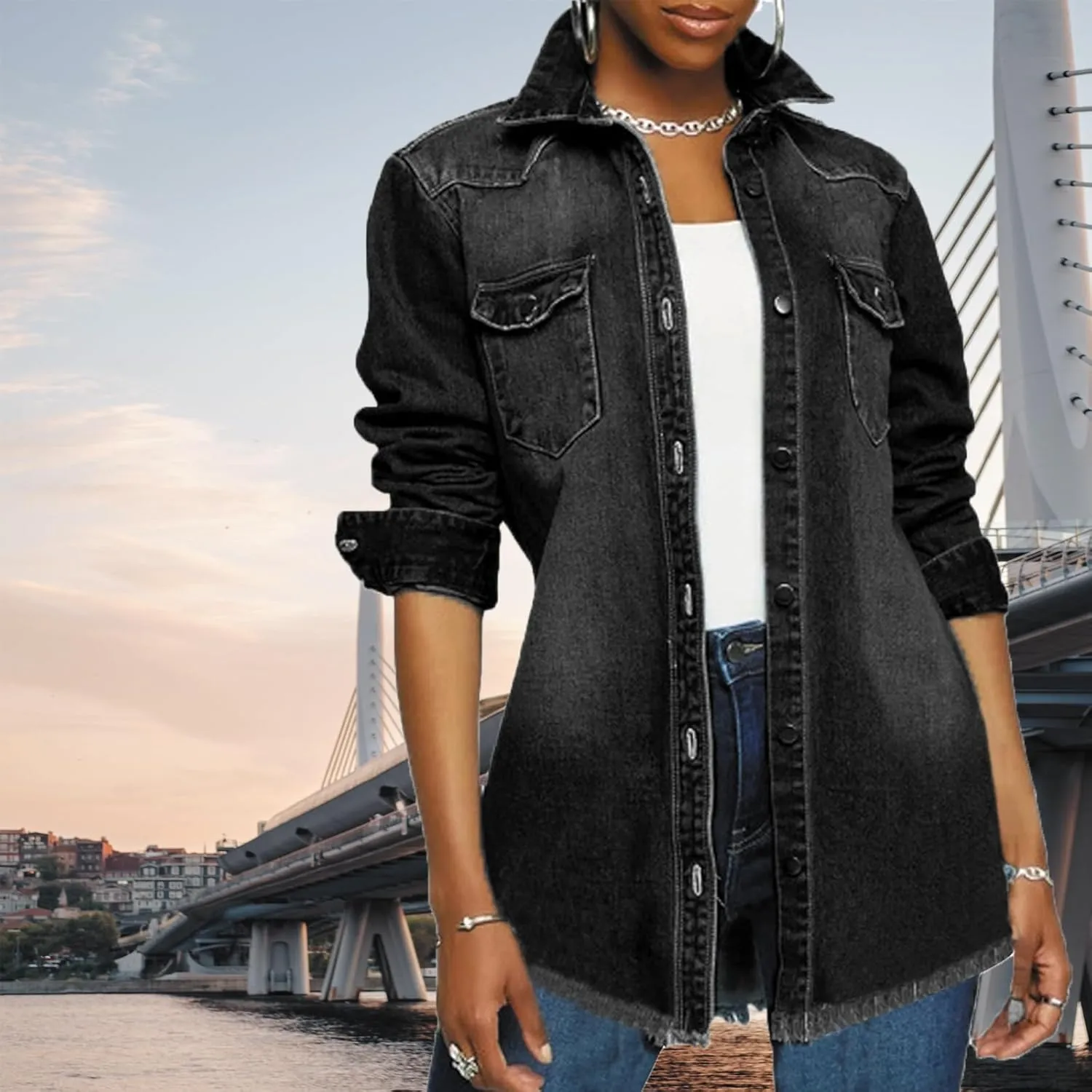 DvaeMalligo Women's Jean Jacket Distressed Button Down Long Sleeve Ripped Oversized Denim Trucker Jean Jackets