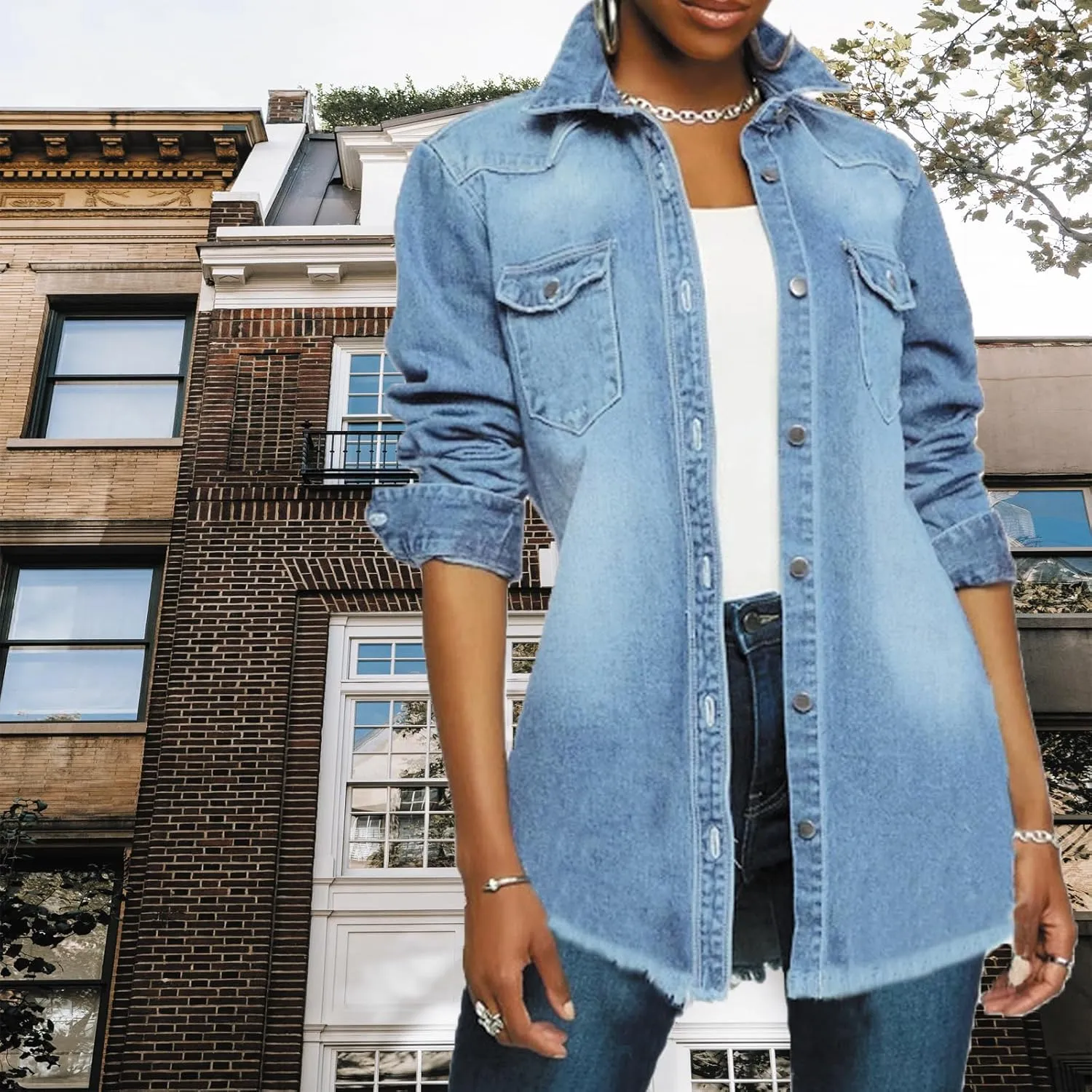 DvaeMalligo Women's Jean Jacket Distressed Button Down Long Sleeve Ripped Oversized Denim Trucker Jean Jackets