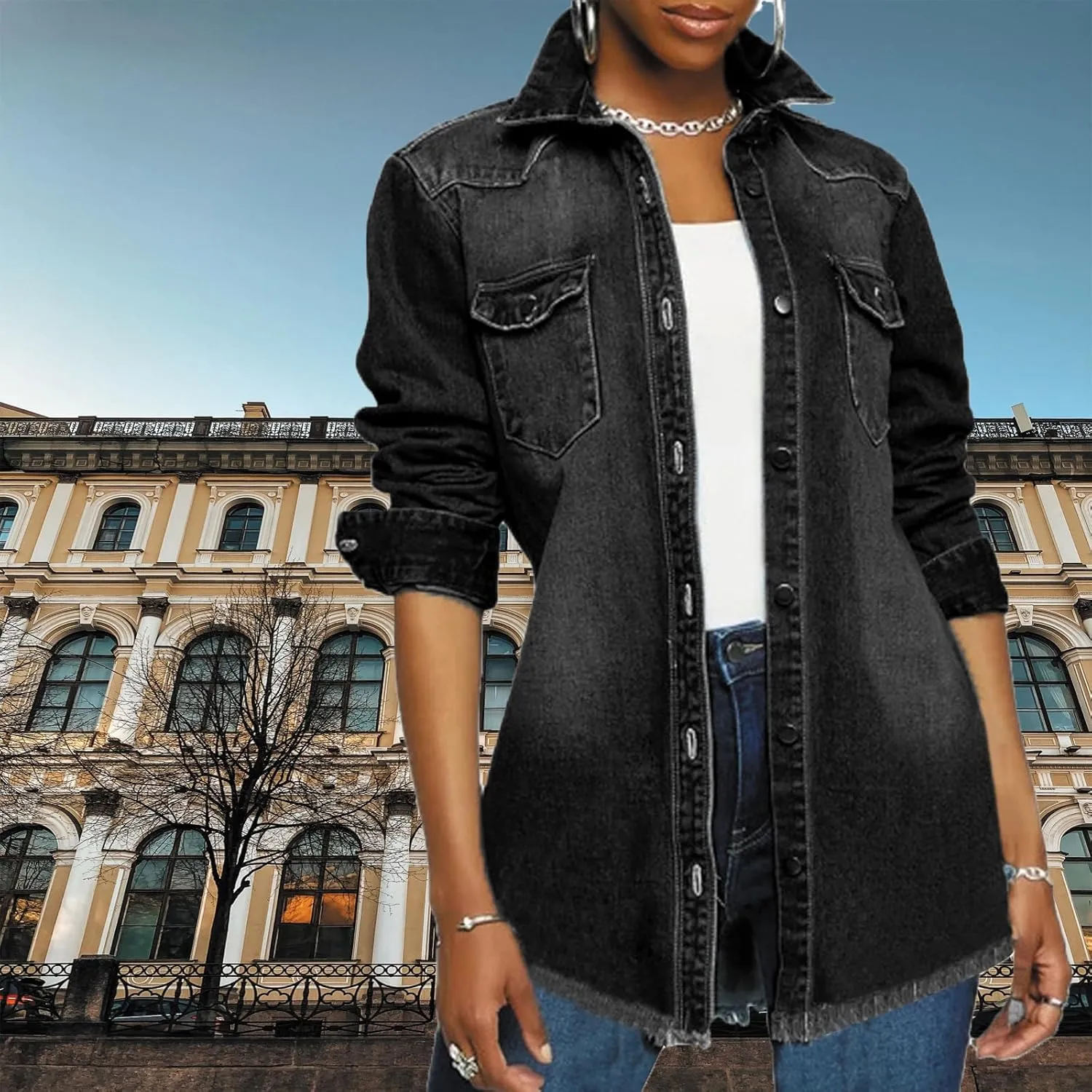 DvaeMalligo Women's Jean Jacket Distressed Button Down Long Sleeve Ripped Oversized Denim Trucker Jean Jackets