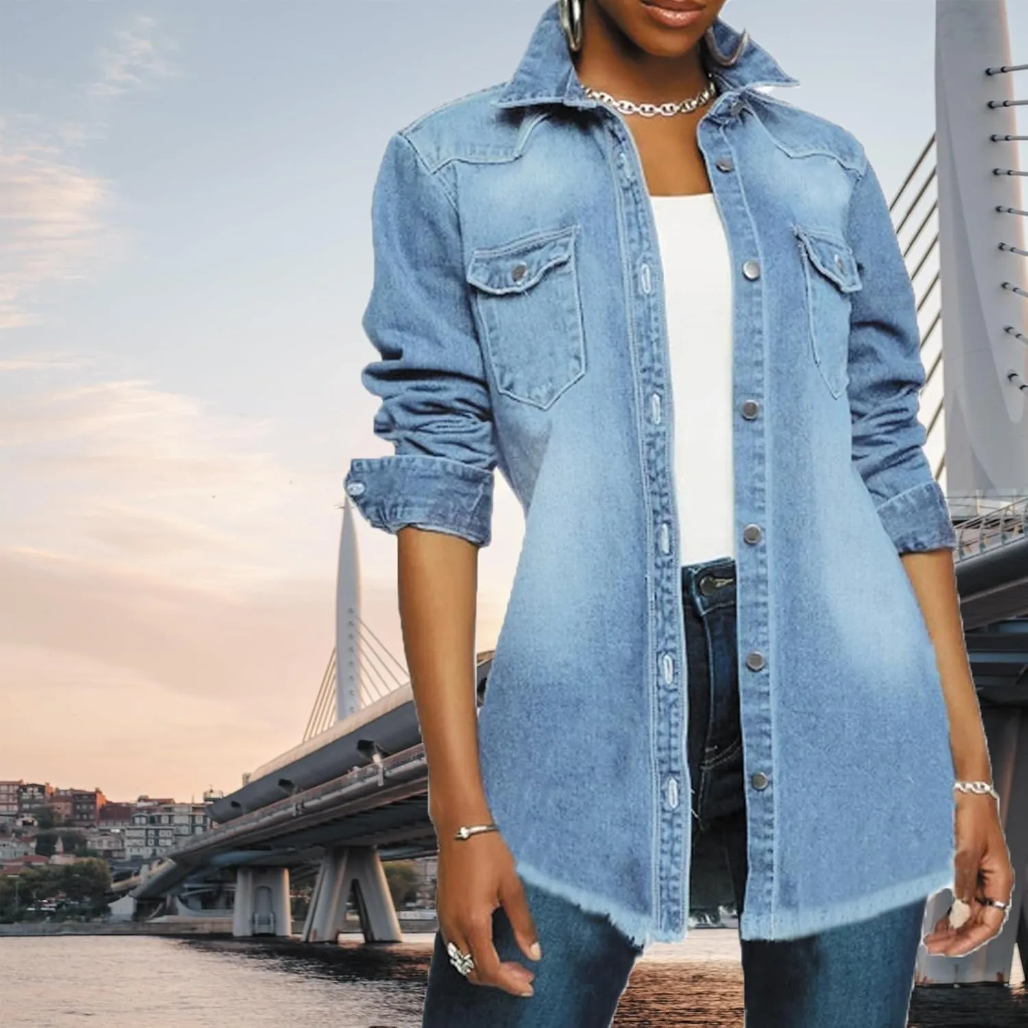 DvaeMalligo Women's Jean Jacket Distressed Button Down Long Sleeve Ripped Oversized Denim Trucker Jean Jackets
