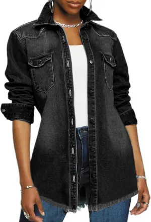 DvaeMalligo Women's Jean Jacket Distressed Button Down Long Sleeve Ripped Oversized Denim Trucker Jean Jackets
