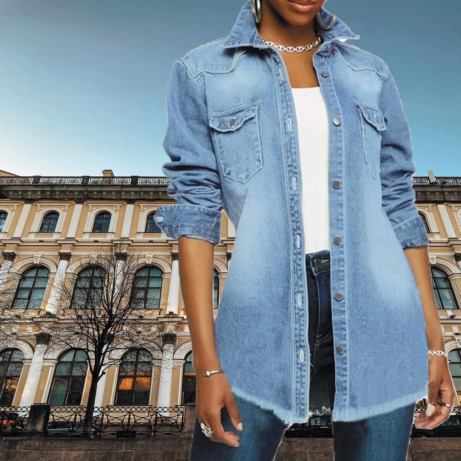 DvaeMalligo Women's Jean Jacket Distressed Button Down Long Sleeve Ripped Oversized Denim Trucker Jean Jackets