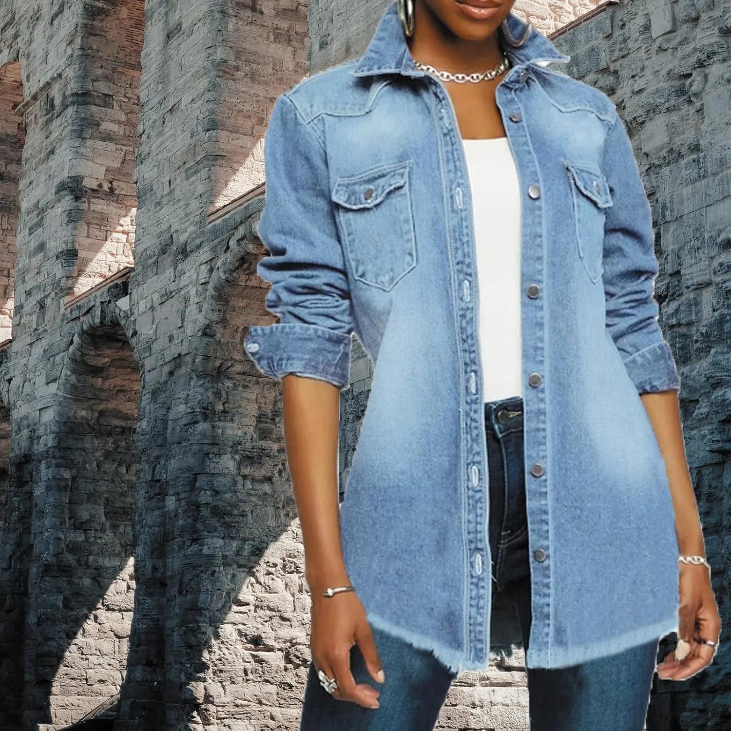 DvaeMalligo Women's Jean Jacket Distressed Button Down Long Sleeve Ripped Oversized Denim Trucker Jean Jackets
