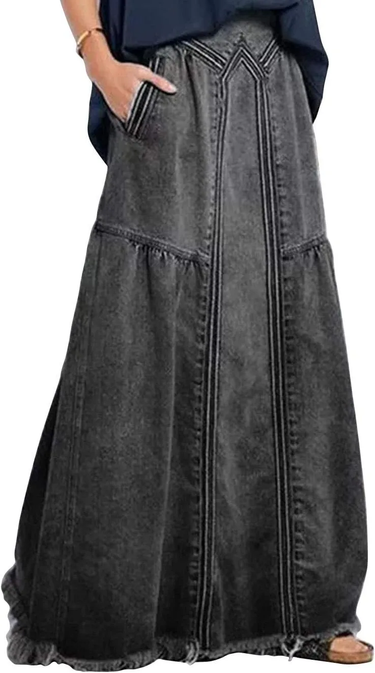 ebossy Women's Casual Elastic Waist Frayed Hem A-Line Distressed Hippie Long Maxi Denim Skirt