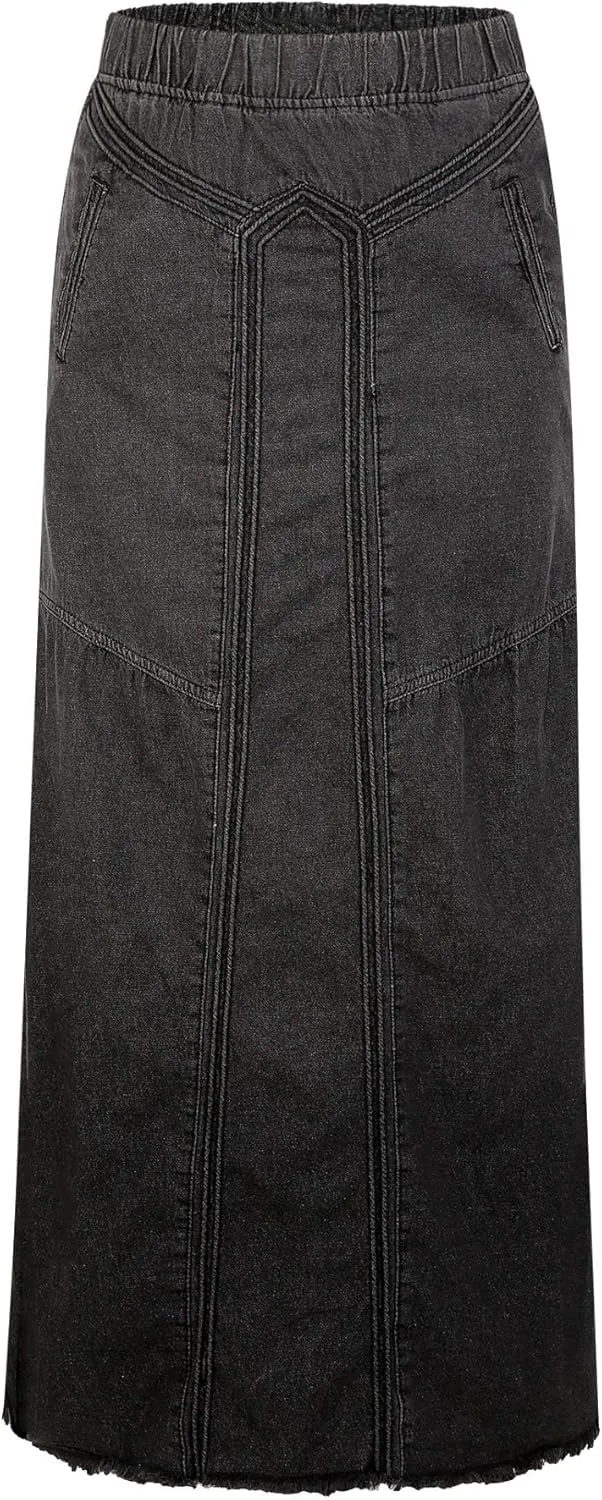 ebossy Women's Casual Elastic Waist Frayed Hem A-Line Distressed Hippie Long Maxi Denim Skirt